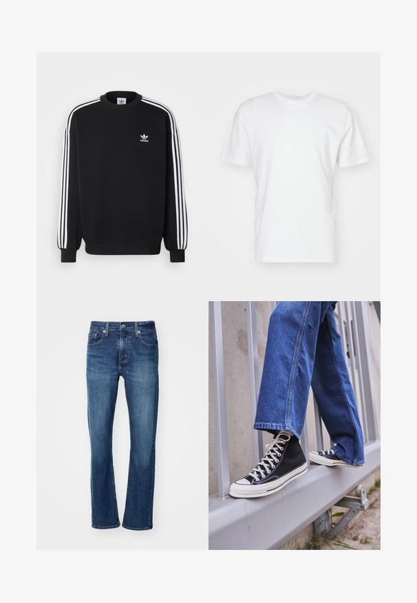 Black sweatshirt with white three-stripe design on sleeves, round neck, ribbed cuffs, and small white Adidas logo on chest.; White cotton t-shirt with short sleeves, round neckline, and a smooth texture. Simple design with no patterns or graphics.; Levi's® 502 TAPER - Jeans Tapered Fit - records on; Black high-top sneakers with white sole and laces, paired with loose blue denim jeans, resting on a gray railing.