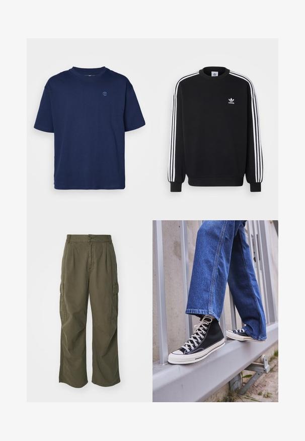Musta särk, millel on valge kolme triibu disain varrukatel, ümmargune kaelus, soonikääred ja väike valge Adidas logo rinnal.; Tumed läbimõõduga puuvillane t-särk, millel on ümmargune kaelus, lühikesed varrukad ja väike toon-toonis logo rinnal. Mugav lõige, sile tekstuur.; Olivi rohelised cargo püksid, valmistatud puuvillast, laia jala disainiga, voldikute ja küljetaskutega praktilisuse huvides.; Mustad mustade kõrgete tossudega, millel on valge tallaga ja valged paelad, koos vaba sinise denimidega, mis puhkavad hallil piiridel.