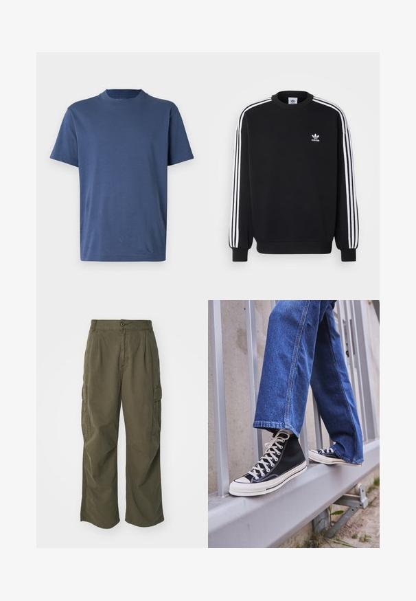 Juoda megztinis su baltomis trimis juostelėmis ant rankovių, apvaliu kaklu, gumuotais rankogaliais ir nedideliu baltu Adidas logotipu ant krūtinės.; Tamsiai mėlynas trumpomis rankovėmis marškinėliai, pagaminti iš minkštos medžiagos, su klasikiniu apvaliu kaklu ir laisvu siluetu. Be raštų ar puošmenų.; Olive žalių spalvos krovinių kelnės, pagamintos iš medvilnės, su plačiomis kojomis, raukšlėmis ir šoninėmis kišenėmis praktiškumui.; Juodi aukšti sportiniai bateliai su baltu padu ir raišteliais, derinami su laisvai krentančiais mėlynais džinsais, atremti į pilką turėklą.