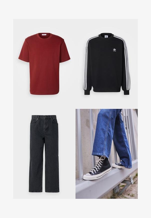 Juoda megztinis su baltomis trimis juostelėmis ant rankovių, apvaliu kaklu, gumuotais rankogaliais ir nedideliu baltu Adidas logotipu ant krūtinės.; Lindbergh O-NECK - Paprasti marškinėliai - dark red; Tamsiai mėlynos džinsinės kelnės su plačiais džinsais, penkių kišenių dizainas ir mygtuko uždarymas. Įtraukti vario spalvos elementai ir subtili tekstūra.; Juodi aukšti sportiniai bateliai su baltu padu ir raišteliais, derinami su laisvai krentančiais mėlynais džinsais, atremti į pilką turėklą.