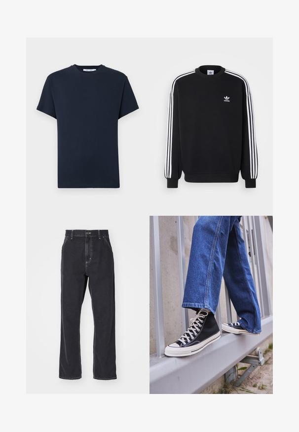 Sweatshirt noir avec design à trois rayures blanches sur les manches, col rond, poignets côtelés, et petit logo Adidas blanc sur la poitrine.; T-shirt à manches courtes bleu marine foncé en coton, doté d'un col rond et d'une coupe décontractée. Simple, couleur unie sans motifs.; Jeans en denim noir avec une coupe droite, dotés d'une fermeture éclair, de cinq poches et de coutures contrastées le long des coutures.; Baskets montantes noires avec semelle et lacets blancs, associées à un jean en denim bleu décontracté, reposant sur un garde-corps gris.
