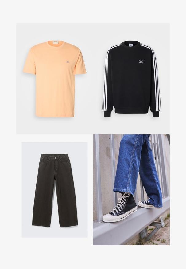 Sweatshirt preto com design de três riscas brancas nas mangas, gola redonda, punhos canelados e pequeno logo branco da Adidas no peito.; T-shirt de mangas curtas em algodão pêssego claro, com um pequeno logótipo azul no peito. Gola redonda com uma textura suave.; As calças de ganga pretas de perna larga apresentam uma cintura alta, um design de cinco bolsos e um fecho de botões. O tecido tem um acabamento texturizado e suave.; Ténis altos pretos com sola e atacadores brancos, combinados com jeans azul desgastado, repousando sobre um corrimão cinza.