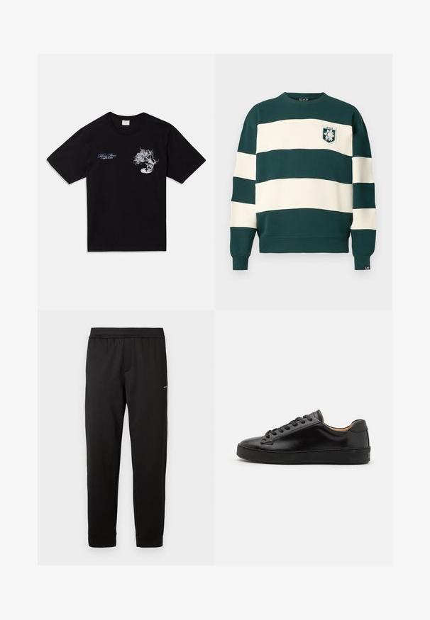 Sweatshirt de manga longa em verde escuro e branco listrado, com o emblema "Italy EA7" no peito e uma pequena etiqueta EA7 na bainha.; T-shirt de algodão preto com mangas curtas. Apresenta uma imagem branca de uma flor e um toca-discos, e texto azul "Killing Bees" e "United By Rhythm".; Calças de sweatpants pretas com cintura elástica, pernas ajustadas e um pequeno logótipo na parte superior da coxa, exibidas sobre um fundo branco.; Sapatilha de couro preta com acabamento liso, bico redondo e atacadores pretos. Apresenta uma marcação mínima no calcanhar e uma sola de borracha.