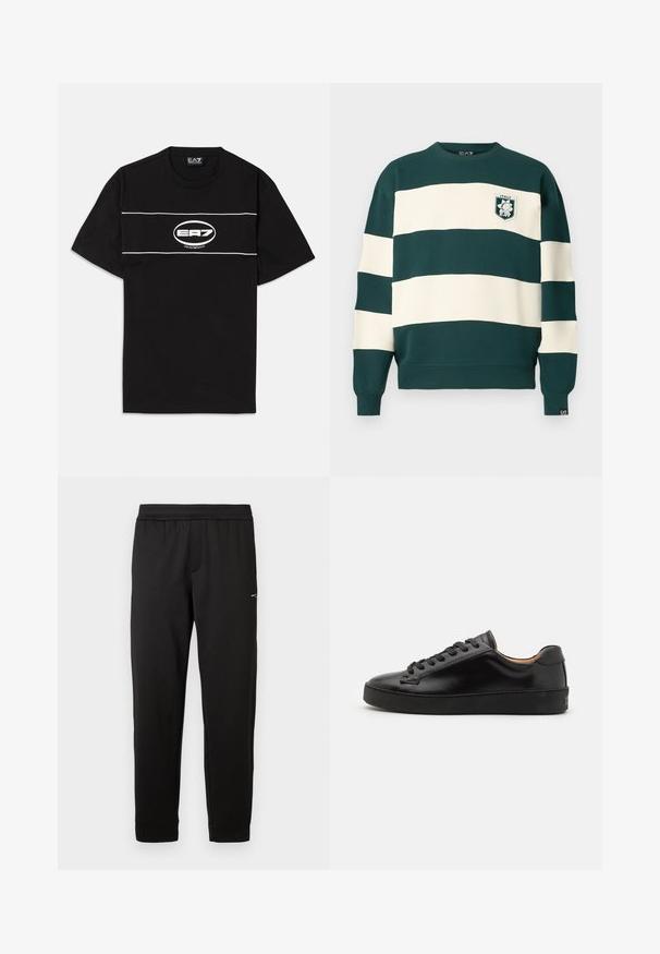 Tamsiai žalia ir balta dryžuota ilgomis rankovėmis palaidinė su "Italy EA7" ženklu ant krūtinės ir mažu EA7 žymekliu ant rankovės.; Juodas medvilninis marškinėliai su baltais horizontaliais dryžiais ir ovaliu EA7 logotipu priekyje. Trumpomis rankovėmis ir apvaliu kaklu.; Juodi sportiniai džinsai su elastingu juosmeniu, siaurėjantys kojų, su mažos logo viršutiniame šlaunies gale, rodomi ant balto fono.; Juodas odinis sportinis batelis su lygiu paviršiumi, apvaliu bato pirštu ir juodomis raištelėmis. Yra minimalus prekės ženklas ant kulno ir guminis padas.