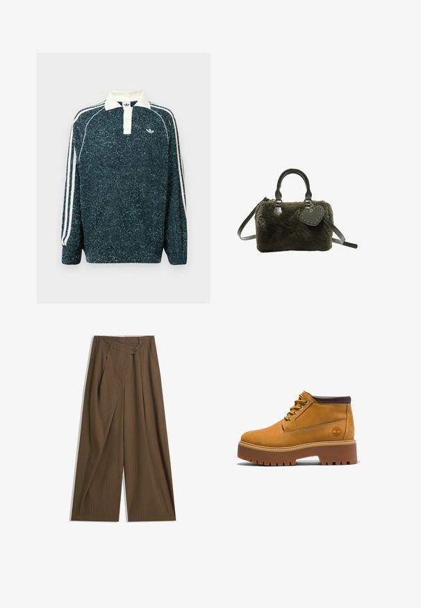 Temnozeleni polo majica z dolgimi rokavi in teksturirano površino, z belim ovratnikom in placketom s tremi gumbi. Ima bele stranske črte in vezeno logo.; Brahke široke hlače z ozkimi belimi črtami, visok pas, sprednje gumbasto zapiranje in prekrivni panel v stilu ovitka.; Rjave usnjene gležnjarje s zaobljenim prstom, rjavimi detajli, debelim podplatom in kontrastnimi rumenimi vezalkami. Imajo logo na strani.; Zelena umetna krznena torba za čez ramo zaobljene oblike, s kratkimi ročaji in odstranljivim ramenskim pasom. Ponuja še okras v obliki srčne charms s kroglicami.