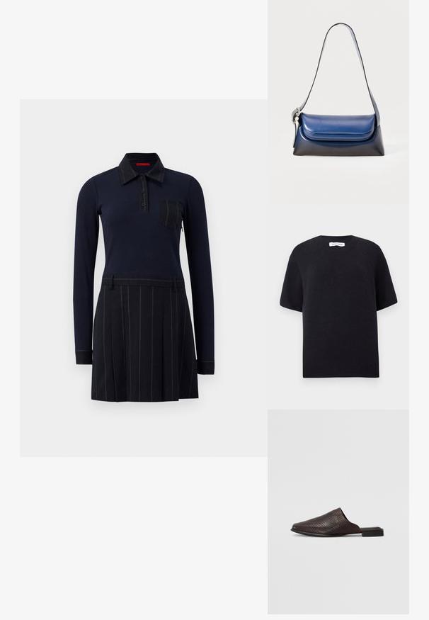 Sort strikket sweater med korte ærmer, rund halsudskæring og ribbet kant. Glat tekstur med en afslappet pasform. Minimalistisk design.; Marineblå polo kjole med lange ærmer, ribbet tekstur, knaplukning og en brystlomme; nederdelen har lodrette striber og plisseringer.; Sort slip-on mule lavet af tekstureret materiale med et reptilmønster, der har en lav, flad hæl og et afrundet, åbent tådesign.; Marineblå læderhåndtaske med glat overflade, rund form, foldet top og en enkelt skulderrem. Inkluderet sølv hardware accent.