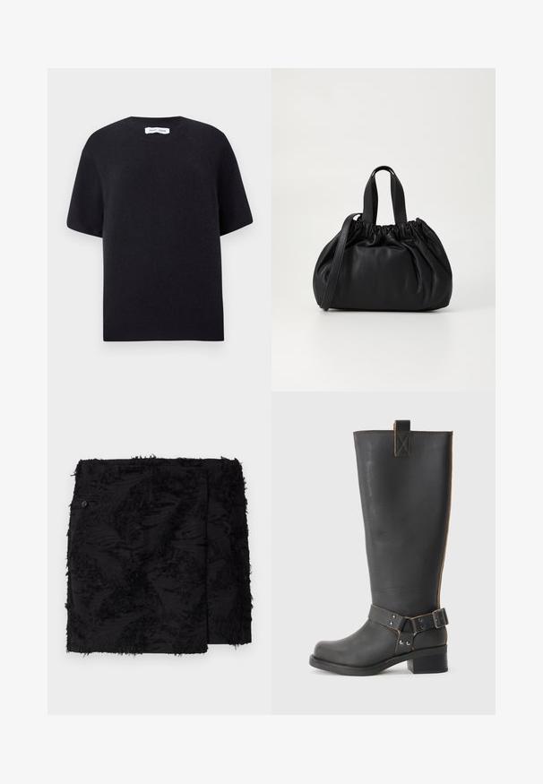 Czarny, dziany sweter z krótkim rękawem, okrągłym dekoltem i prążkowanym wykończeniem. Gładka faktura i luźny krój. Minimalistyczny design.; Czarna spódnica z teksturowanej tkaniny z postrzępionymi akcentami. Kwadratowy kształt, długość powyżej kolan i szczegół z bocznym guzikiem.; Czarne skórzane, wysokie do kolan botki o teksturowanym wykończeniu, wyposażone w akcent w postaci klamry z boku oraz niski obcas. Szczegółowe przeszycia wzdłuż szwów.; Czarna skórzana torebka z zebranym wykończeniem, z dwoma krótkimi uchwytami i długim regulowanym paskiem. Gładka tekstura, zaokrąglony kształt.