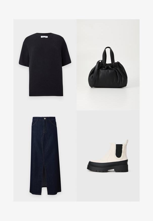 Mustrist kinnastega lühikeste varrukatega sviiter ümmarguse kaelusega ja soonikservaga. Sile tekstuur, lõdva istuvusega. Minimalistlik disain.; Tume teksaskangas maksiseelik, millel on ees lõhik, viis taskut, lukuga edendamine ja kontrastne õmbluste aktsent.; Paksude platvormi ankle saapad valge ülaosa, musta kummitald ja kontrastsed mustad elastsed külgpaneelid. Ülemise serva pehme-puuvillane äär.; Mustmust mustkott mustrihmaga ülaosa disainiga, millel on kaks lühikest käepidet ja pikk reguleeritav rihm. Sile tekstuur, ümar kuju.