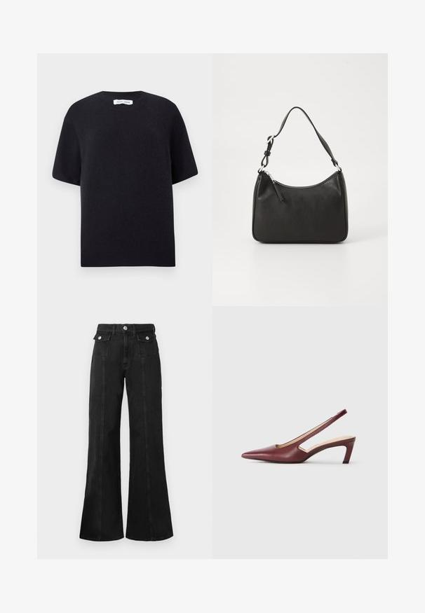 Juodas megztinis trumpomis rankovėmis su apvaliu iškirpimu ir nendriniu kraštu. Sklandžias tekstūra ir laisvas kirpimas. Minimalistinis dizainas.; Juodi džinsai su plačiomis klešnėmis ir aukštu liemeniu, turintys dvi priekines kišenes, sidabro spalvos apdaila ir matoma siūlų detalizacija priekyje.; Burgundiškai raudoni slingback aukštakulniai bateliai su smailiu pirštu, išpjovimais šonuose ir vidutinio aukščio blokiniu kulnu. Lygus odos paviršius.; Juoda odinė rankinė su išlenkta forma, viena dirželiu, užtrauktuko uždarymu ir subtiliu ženklinimu priekyje. Lygus paviršius, minimalistinis dizainas.