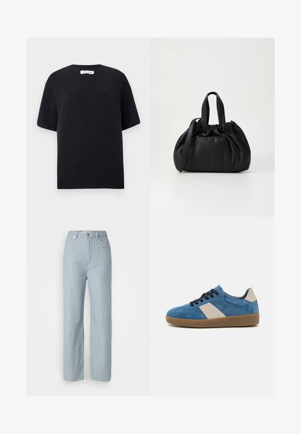 Maglione corto a maniche corte nero in maglia con scollo rotondo e orlo a costine. Tessuto liscio con vestibilità comoda. Design minimalista.; Jeans dritti blu chiaro in denim. Presentano cinque tasche, una chiusura con bottone in metallo e leggere sfumature per aggiungere texture.; Sneaker blu scamosciato con accentuazione in pelle beige, lacci scuri e suola in gomma testurizzata; design a profilo basso con punta arrotondata.; Borsa a tracolla in pelle nera con design a cima arricciata, dotata di due manici corti e di una lunga tracolla regolabile. Texture liscia, forma arrotondata.