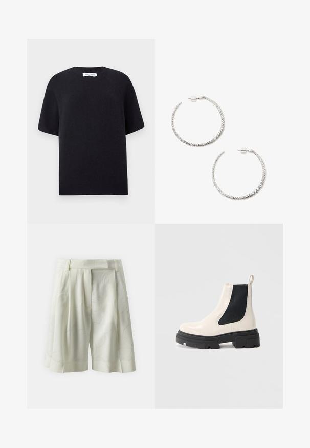 Black knitted short-sleeve sweater with a round neckline and ribbed hem. Smooth texture with a relaxed fit. Minimalist design.; Pleated shorts in light ivory fabric with a subtle abstract pattern. Features a flat waistband and relaxed fit, ideal for warm weather.; Cream leather Chelsea boot with chunky black sole and elastic black side panel against plain white background.; Braided silver hoop earrings with a textured finish. Secure post-back closure with a small, cylindrical accent.