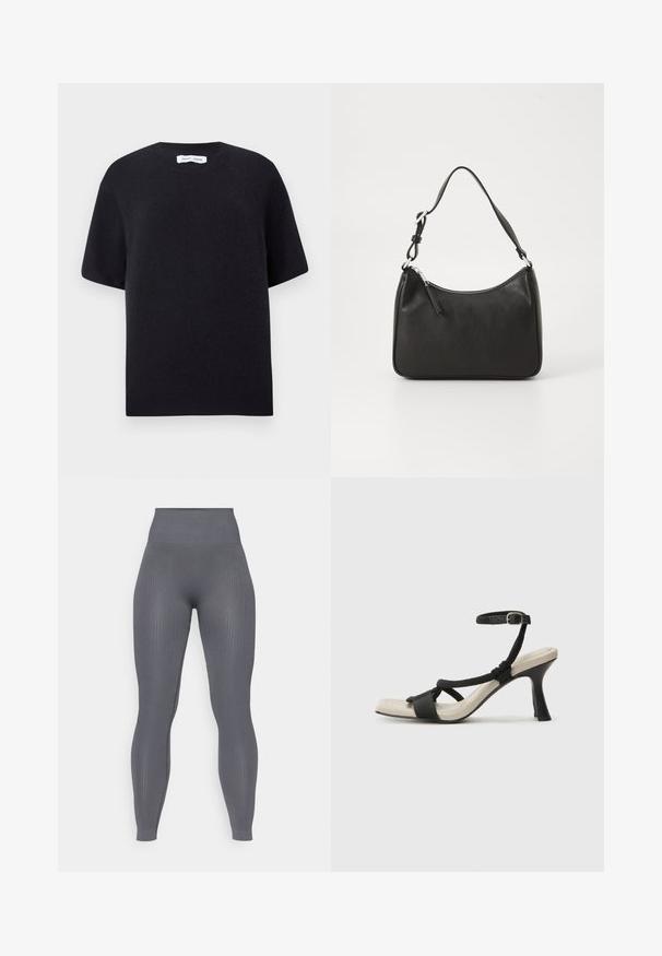 Svart stickad kortärmad tröja med rund halsringning och ribbat nederkant. Slät textur med avslappnad passform. Minimalistisk design.; Grå, ribbade leggings med hög midja, åtsittande form och textilstruktur. Inga synliga mönster eller hårdvarudetaljer.; Svart klacksandaler med flätad remdesign, fyrkantig tå och justerbar vristrem. Ljusbeige fotbädd med glansig svart klack.; Svart läderhandväska med en böjd form, en enda rem, dragkedjestängning och subtil märkning på framsidan. Slät yta, minimalistisk design.