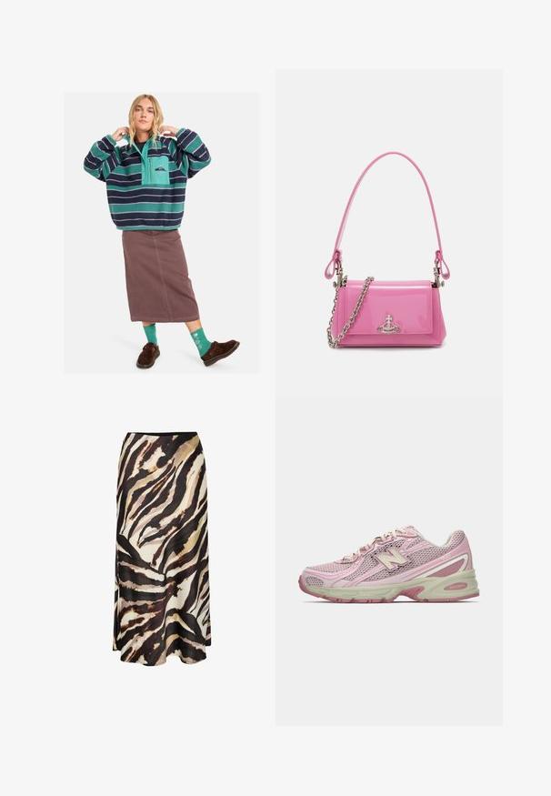 Fleece-pusero, jossa on teal- ja laivastonsinisiä raitoja, puoliveto-muotoilu, etutasku, yhdistetty ruskean hameen ja kuvioitujen vihreiden sukkien kanssa.; Pitkä hame kevyestä kankaasta, jossa on rohkea, abstrakti ruskea, musta ja vaalea eläinkuosinen muotoilu. Hameessa on sileä pinta ja se ulottuu nilkkoihin.; Vaaleanpunaiset ja beigeet New Balance 740 -lenkkarit, joissa on verkkokangas ja synteettinen päällinen, nauhakiinnitys ja pehmustettu pohja, esitettynä sivuprofiilissa.; Vaalea vaaleanpunainen lakattu nahkakäsilaukku, jossa on suorakulmainen muoto, irrotettava ketjun olkaimet ja hopeiset yksityiskohdat edessä.
