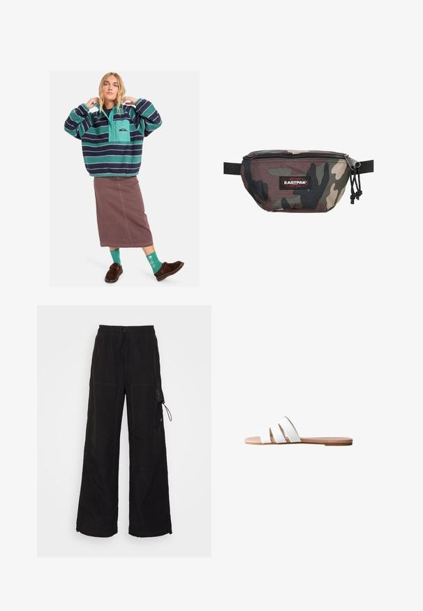 Fleece pullover met teal en marineblauwe strepen, half-zip ontwerp, voorzak, gecombineerd met een bruine rok en gemusterde groene sokken.; Zwarte wijde broek gemaakt van een gestructureerde stof. Heeft een elastische tailleband met koord, zijzakken en contrasterende stikdetails.; Witte schuif sandaal met drie brede banden. Vlakke beige zool met een gladde, matte textuur. Eenvoudig, minimalistisch ontwerp. Geschikt voor casual wear.; Camouflage heupriem gemaakt van duurzame stof, met een ritsluiting, verstelbare band en een rode Eastpak-logo patch aan de voorkant.