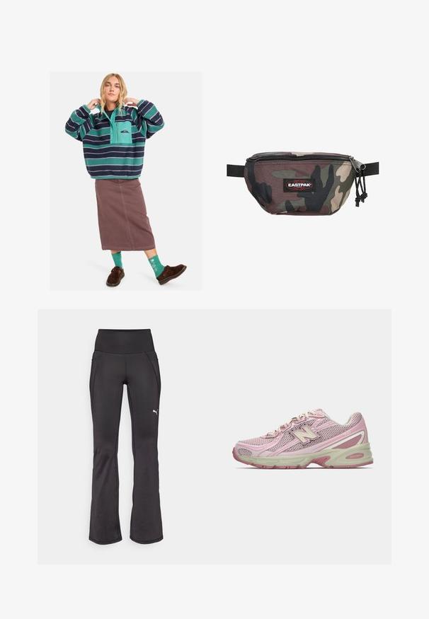 Fleece-Pullover mit teal- und marineblauen Streifen, halbseitigem Reißverschluss, Fronttasche, kombiniert mit einem braunen Rock und gemusterten grünen Socken.; Schwarze ausgestellte Fitnesshosen mit hohem Bund, aus dehnbarem Stoff, mit einem gestickten weißen Markenlogo und dezenten Nahtdetails.; Rosa und beige New Balance 740 Sneaker mit Obermaterial aus Mesh und Synthetik, Schnürverschluss und gepolsterter Sohle, seitlich dargestellt.; Tarn-Multitasche aus strapazierfähigem Material, mit einem Reißverschluss, verstellbarem Gurt und einem roten Eastpak-Logo-Patch auf der Vorderseite.