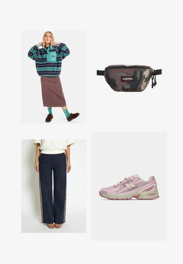 Fleece pullover met teal en marineblauwe strepen, half-zip ontwerp, voorzak, gecombineerd met een bruine rok en gemusterde groene sokken.; Navy wijdvallende broek van een zachte stof, voorzien van zijstrepen in rood, wit en blauw. Gedetailleerd met voorplooien.; Roze en beige New Balance 740 sneaker met een bovenwerk van mesh en kunstleer, vetersluiting en een gevoerde zool, weergegeven in zijprofiel.; Camouflage heupriem gemaakt van duurzame stof, met een ritsluiting, verstelbare band en een rode Eastpak-logo patch aan de voorkant.