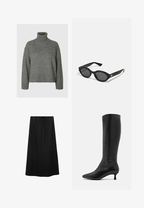 Sivi pulover s rolkragnom napravljen od mekog, teksturiranog materijala s opuštenim krojem. Ima rebrasti ovratnik, manžetne i rub. Jednostavan dizajn.; Mango Velika suknja - black; Zign Čizme - black; Crne ovalne sunčane naočale s tamnim staklima i sjajnim plastičnim okvirom. Sadrže zlatni logotip na sljepoočnici, što pruža elegantan i moderni dizajn.; Crna kožna torba za rame s glatkom teksturom, s tankim dugim remenom i diskretnim šavom u sredini.