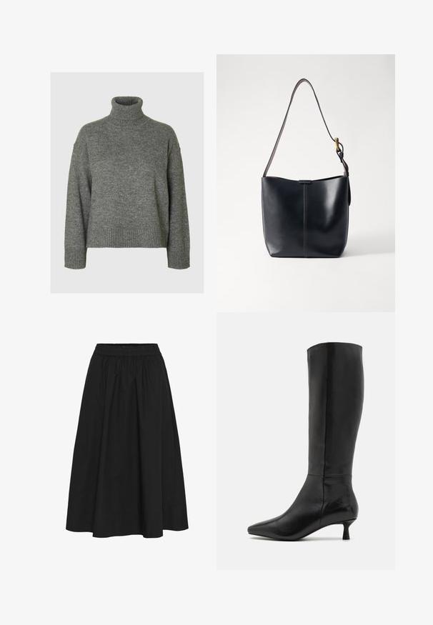 Pull à col roulé gris fabriqué dans un matériau doux et texturé, avec une coupe décontractée. Présente un col, des poignets et un ourlet côtelés. Design simple.; Jupe noire, longueur genou, en coton, dotée d'une taille élastique, texture froncée et finition lisse sans motifs visibles.; Zign Bottes - black; Sac à épaule en cuir noir avec une texture lisse, doté d'une fine bandoulière longue et d'un discret détail cousu au centre.