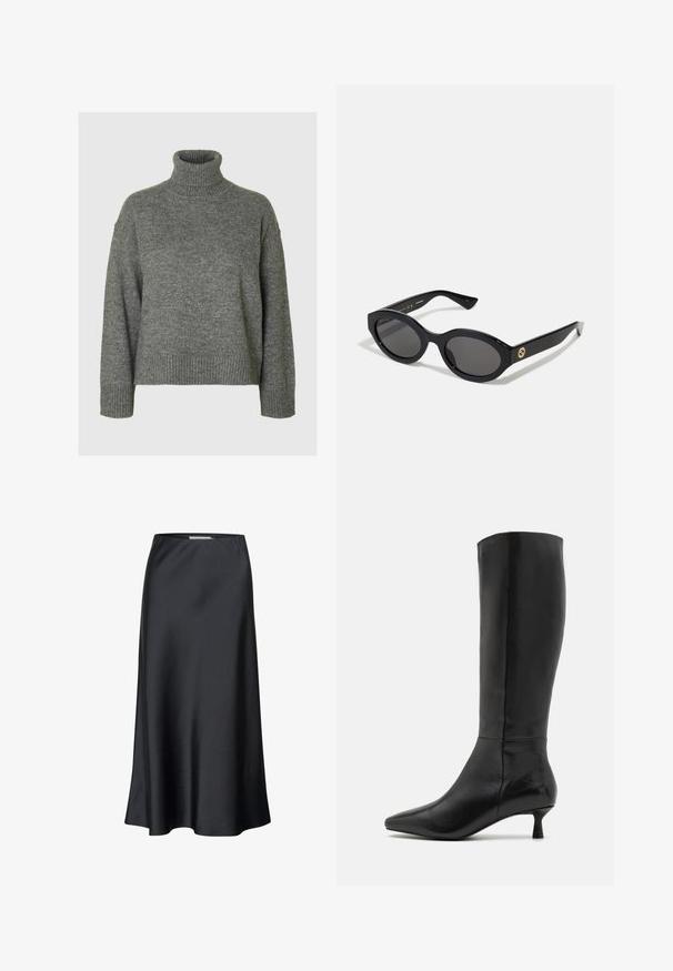 Harmaa poolopaita on valmistettu pehmeästä, teksturoidusta materiaalista ja siinä on rento istuvuus. Varustettu ribbaamalla viimeistellyllä kaula-aukolla, hihansuilla ja helman reunuksilla. Yksinkertainen muotoilu.; Musta midi-hame sujuvasta kankaasta, jolla on virtaava siluetti ja hienostunut kiilto. Ominaisuuksina yksinkertainen, tasavärinen muotoilu.; Zign Saappaat - black; Mustat soikeat aurinkolasit tummilla linsseillä ja kiiltävästä muovista valmistetulla kehällä. Varustettu kullanvärisellä logolla temppeleissä, tarjoten tyylikkään ja modernin muotoilun.; Musta nahkainen olkalaukku, jossa on sileä pinta, ohut ja pitkä hihna sekä hienovarainen ommeltu yksityiskohta keskellä.