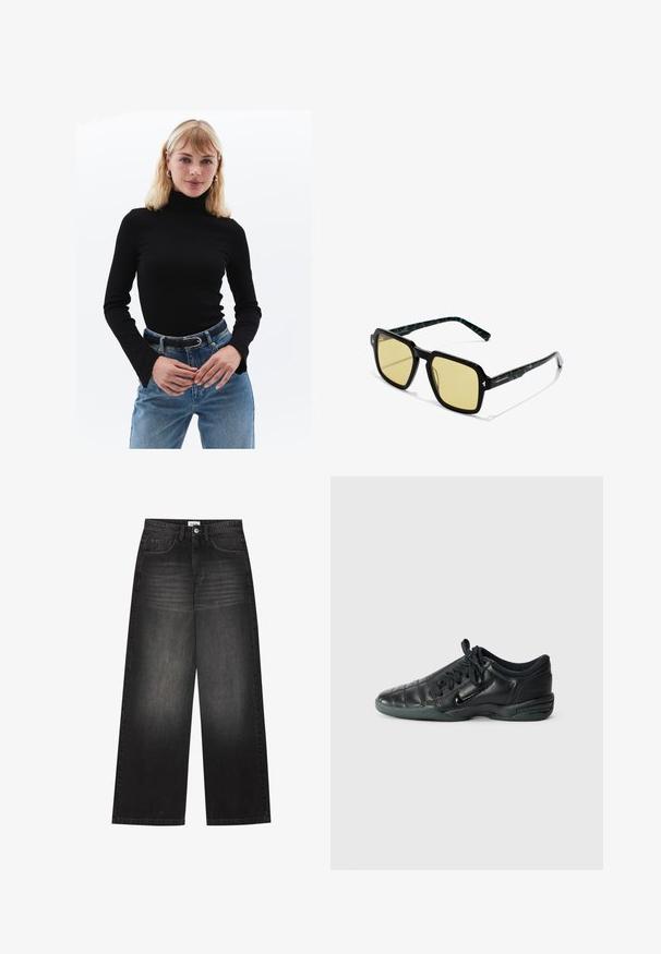 Grijze coltrui van een zachte, gestructureerde stof met een relaxte pasvorm. Heeft een geribbelde kraag, manchetten en onderkant. Eenvoudig ontwerp.; Zwarte coltrui met lange mouwen, geribbelde textuur, gecombineerd met hoge taille lichtblauwe spijkerbroek en een zwarte riem met zilveren gesp.; YOURTURN UNISEX - Baggy jeans - black denim; Zwarte leren sportschoen met een gequilt ontwerp, ronde neus, vetersluiting aan de voorkant en rubberen zool. Heeft subtiele branding aan de zijkant.; Vierkante zonnebril met een dik zwart montuur, geel getinte glazen en groen gemêleerde accenten op de pootjes. Heeft een glanzende afwerking.; Bruine suède schoudertas met een hobo-ontwerp. Beschikt over een brede opening, een zachte textuur en een naadloze, ronde handgreep voor eenvoudig dragen.