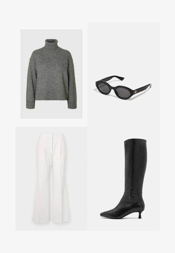 Pull à col roulé gris fabriqué dans un matériau doux et texturé, avec une coupe décontractée. Présente un col, des poignets et un ourlet côtelés. Design simple.; Pantalons évasés blancs avec une texture lisse, présentant des plis à l'avant et des panneaux de tissu subtilement contrastants dans une teinte plus claire.; Zign Bottes - black; Lunettes de soleil ovales noires avec des verres sombres et une monture en plastique brillant. Présente un logo doré sur la branche, offrant un design épuré et moderne.; Sac à épaule en cuir noir avec une texture lisse, doté d'une fine bandoulière longue et d'un discret détail cousu au centre.
