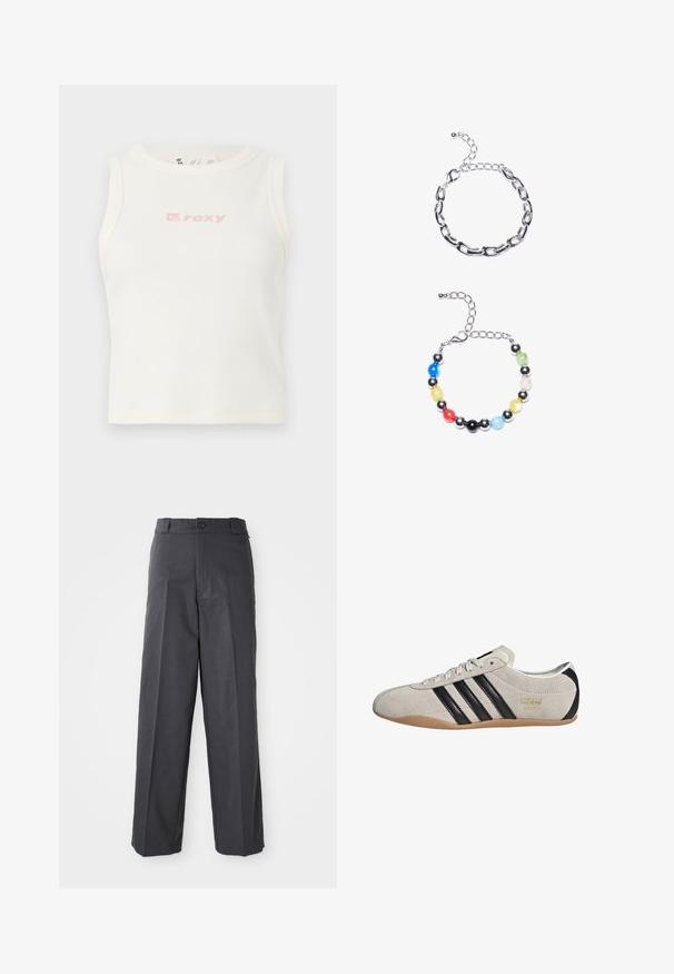 Valkoinen neulepusero, jossa on korkea ribattu kaulus ja punainen brodeerattu "ellesse"-logo rinnassa. Pitkät hihat, joissa on ribatut hihansuut.; Valkoinen ribattu toppi, jossa on pyöreä kaula-aukko ja pieni vaaleanpunainen "Roxy" -logo rinnassa. Sujuva pinta, tiukka malli, ei hihoja.; Tummanharmaat housut suoran lahkeen muotoilulla, joissa on yksi nappisulku, vyölenkit ja sileä, teksturoidun tuntuisen kankaan rakenne.; Tennarit mokkanahkaa harmaalla päällä, mustilla raidoilla ja kumipohjalla. Varustettu nauhakiinnityksellä ja kultaisella logo-yksityiskohdalla sivussa.; Hopeaketju, jossa on pitkänomaisia lenkkejä ylhäällä. Alhaalla on värikäs helmetti, jossa on mustia, sinisiä, vihreitä, keltaisia, punaisia ja kirkkaan läpinäkyviä helmiä.