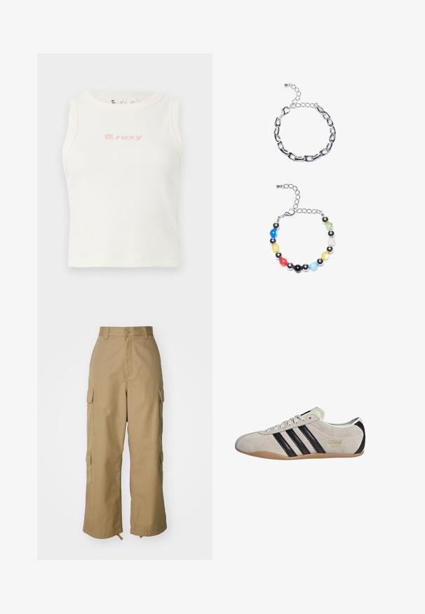 Biały sweter z dzianiny z wysokim prążkowanym kołnierzem, z czerwonym haftowanym logo "ellesse" na piersi. Długie rękawy z prążkowanymi mankietami.; Biały prążkowany top na ramiączkach z okrągłym dekoltem i małym różowym logo "Roxy" na piersi. Gładka tekstura, dopasowany krój, bez rękawów.; Beżowe spodnie cargo z wysokim stanem, szerokimi nogawkami i czterema dużymi bocznymi kieszeniami. Wykonane z trwałego materiału o gładkiej fakturze i minimalnych detalach.; Zamszowe trampki z szarym cholewką, czarnymi paskami i gumową podeszwą. Posiadają sznurowane zapięcie oraz złoty detal z logo po boku.; Srebrna bransoletka łańcuszkowa z wydłużonymi ogniwami u góry. Poniżej kolorowa bransoletka z koralików w czarnym, niebieskim, zielonym, żółtym, czerwonym i przezroczystym kolorze.