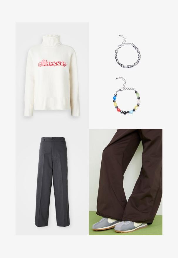 Balts adīts džemperis ar augstu ribotu apkakli, kurā ir sarkans izšūts "ellesse" logo uz krūtīm. Garas piedurknes ar ribotām aprocēm.; Tumši pelēki bikses ar taisnu kāju dizainu, ar vienu pogu aizdari, jostas cilpām un gludu, teksturētu audumu.; Brūni platleği bikses ar gludu tekstūru un sānu šuvēm, kopā ar pelēkām un baltām retro stila sporta kurpēm ar gumijas zoli.; Sudraba ķēdes aproce ar izstieptiem posmiem augšpusē. Zemāk ir krāsaina pērlīšu aproce ar melnām, zilām, zaļām, dzeltenām, sarkanām un caurspīdīgām pērlītēm.