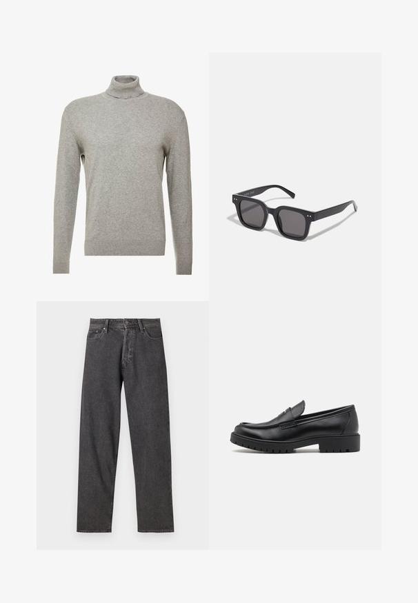 Szürke pulóver magas nyakkal és hosszú ujjal. Simább, puha anyagból készült, testhezálló kialakítással és bordázott díszítéssel az alján.; Fekete farmernadrág egyenes szabással, öt zsebes dizájnal és finom kopással. Gombos záródással és övhurkokkal rendelkezik.; Fekete bőr loaferek lekerekített orral, slip-on kialakítással és vastag gumitalppal, amely texturált tapadást biztosít. Emelt sarkú és diszkrét varrási részletek.; Fekete téglalap alakú napszemüveg sötét lencsékkel, vastag kerettel, finom díszítésekkel az oldalán, és a márkanevet leszámítva látható logók nélkül.; Fekete sporttáska texturált anyagból, erős fekete bőrpántokkal. Henger alakú, a tetején cipzárral záródik.