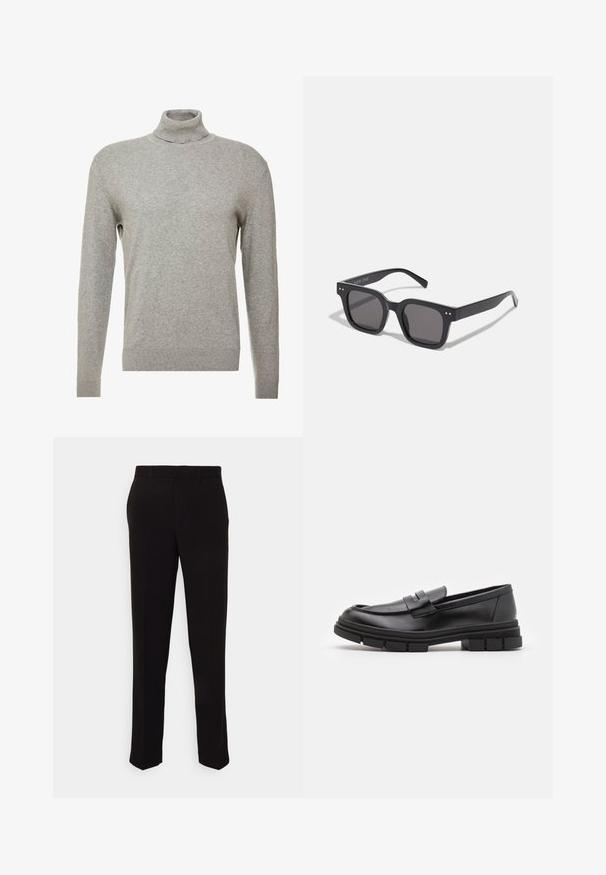 Gray pullover sweater with a high neck and long sleeves. Made from a smooth, soft material with a fitted design and ribbed accents at the hem.; Black trousers with a straight fit, featuring a smooth texture and no visible patterns or hardware. Classic design with a clean silhouette.; Black leather loafers with a smooth finish, featuring a front strap detail and a chunky rubber sole with grooved accents.; Black rectangular sunglasses with dark lenses, featuring a thick frame, subtle accents on the sides, and no visible logos beyond the brand name.