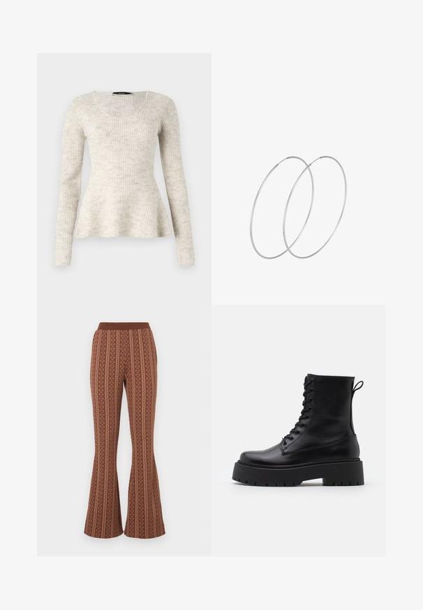 Hellbeige Pullover mit langen Ärmeln, gerippter Textur, Rundhalsausschnitt und ausgestelltem Saum. Hergestellt aus einem weichen, gestrickten Stoff.; Braune Schlaghosen mit einem gemusterten Design, das vertikale Streifen und geometrische Formen enthält. Elastischer Bund, weiche Textur.; Schwarze Lederstiefeletten mit runder Zehenpartie, Schnürung vorne und einer dicken Gummisohle mit strukturiertem Profil. Mit Zugschlaufe an der Rückseite.; Silberne Creolen mit minimalistischem Design. Rundform, glatte Oberfläche und dünnes Profil. Leichtgewichtig mit hochglänzender Oberfläche.