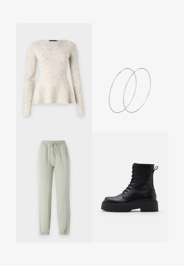 Gai beidzas garām piedurknēm džemperis ar ribotu tekstūru, ar izgriezumu un izlauztu apakšgali. Izgatavots no mīkstas, adītas auduma.; Gaiši zaļi sporta bikses ar elastīgu jostasvietu, regulējamu auklu un sašaurinātiem galiem. Iekļauj vertikālās šuves detaļas gar priekšpusi.; Melni ādas potītēm zābaki ar apļveida purngalu, auklām priekšpusē un biezu gumijas zoli ar teksturētu protektoru. Velkšanas cilpa aizmugurē.; Sudraba gredzenveida auskari ar minimālistisku dizainu. Cirkulāra forma, gluda tekstūra un plāns profils. Vieglu svaru ar spīdīgu apdari.