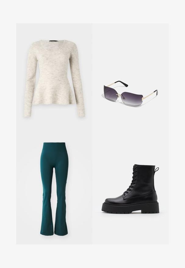 Svijetlosmeđa dugosleeve pulover s rebrastom teksturom, izrezom u obliku supe i proširenim rubom. Izrađen od mekanog, pletenog materijala.; Tirkizne flared tajice izrađene od glatkog, rastezljivog materijala s visokim pojasom, sa suptilnom teksturom i uskim dizajnom.; Crne kožne gležnjače s okruglim vrhom, vezanjem sprijeda i debelim gumenim potplatom s teksturiranim uzorkom. Tipa: traka za vuču na stražnjoj strani.; Naočale sivi gradijent leća, zlatni metalni okvir i crni plastični naglasci. Jedinstvene leće u obliku leptira s tankim drškama.
