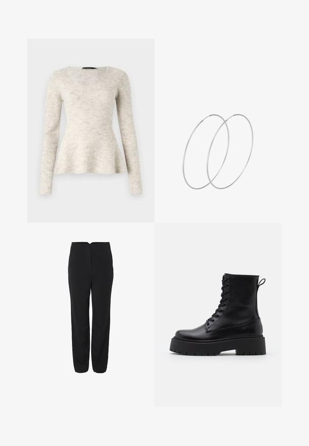 Svijetlosmeđa dugosleeve pulover s rebrastom teksturom, izrezom u obliku supe i proširenim rubom. Izrađen od mekanog, pletenog materijala.; Crne hlače ravnog kroja, s dva prednja džepa i glatkom teksturom. Suptilni detalji šivanja sprijeda.; Crne kožne gležnjače s okruglim vrhom, vezanjem sprijeda i debelim gumenim potplatom s teksturiranim uzorkom. Tipa: traka za vuču na stražnjoj strani.; Srebrne okrugle naušnice s minimalističkim dizajnom. Kružni oblik, glatka tekstura i tanak profil. Lagane s poliranim završetkom.