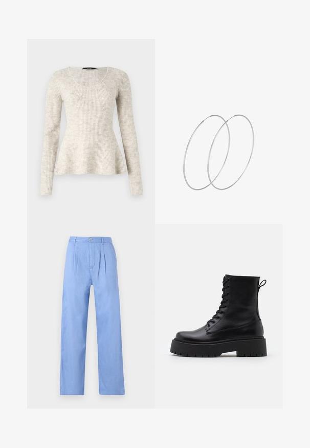 Lichtbeige lange mouwen trui met een ribbelstructuur, een ronde hals en een flared zoom. Gemaakt van een zachte, gebreide stof.; Lichtblauwe linnen broeken met een geplooide voorkant, hoge taille en een rechte pasvorm. Voorzien van een knoopsluiting bij de tailleband.; Zwarte leren enkelboots met een ronde neus, vetersluiting aan de voorkant en een dikke rubberen zool met een gestructureerd profiel. Trekbandje aan de achterkant.; Zilveren hoepel oorbellen met een minimalistisch ontwerp. Cirkelvormig, gladde textuur en dun profiel. Lichtgewicht met een gepolijste afwerking.