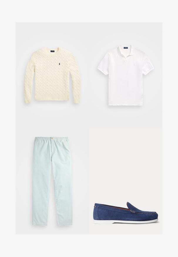 Krémový svetr s pleteným vzorem a žebrovanými manžetami a lemem, se malým námořnickým logem na hrudi. Vyrobeno z měkké, texturované látky.; Bílá polo košile vyrobená z bavlny, s dvoubotonovým zapínáním, krátkými rukávy a decentním logem na levém prsu. Hladká textura.; Světle modré, volně střižené kalhoty s elastickým pasem, se bočními kapsami a jediným zapínáním na knoflík vpředu.; Námořnické semišové mokasíny s bílou gumovou podrážkou, kontrastním prošitím a nazouvacím designem. Na boku mají malý zlatý detail.