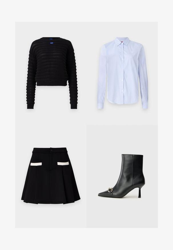 Schwarzer, kurzer Pullover mit geripptem Textur, langen Ärmeln und rundem Halsausschnitt. Mit einem blauen Logotag auf der Vorderseite. Hergestellt aus leichtem Material.; Hellblau-weiß gestreiftes Hemd mit Knöpfen, langen Ärmeln, einem Kragen und dezentem Logo-Stick auf der Brust. Angenehme Textur.; Schwarze Rock mit ausgestellt Design, ausgestattet mit zwei vorderen Taschen mit weißen Akzenten, einem Knopfverschluss und einer glatten Stofftextur.; Schwarze Leder-Stiefelette mit spitzer Zehe, schlankem, mittelhohem Absatz und silberner Schnalle seitlich vor einem schlichten Hintergrund.