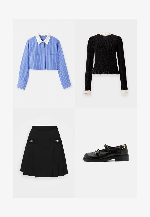 Sort langærmet top med struktureret stof, flæset kant og hvide flæsede detaljer ved kraven og manchetterne. Har en centralt loopet lukning.; Besparet, blå stribet skjorte med lange ærmer, der har en hvid broderet krave og to forlommer. Glat stofstruktur.; Sort plisseret nederdel med guldhardware. Har sidelommer med logo-detaljer, lavet af glat materiale. A-formet silhuet.; Sorte lædersko med brogue-detaljer, der har to spænder, rund tå og lav hæl. Glat tekstur med blank finish.