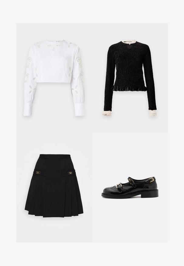 Crna majica dugih rukava od teksturiranog materijala, s volanima na rubu i bijelim volanima na ovratniku i manžetama. Ima središnje zatvaranje s petljom.; Bijela skraćena bluzica s dugim rukavima, ukrašena dekorativnim izvezenim cvjetnim uzorcima u suptilnoj bež niti. Glatka tekstura tkanine.; Crna plisirana suknja s zlatnim akcentima. Sadrži bočne džepove s detaljima loga, izrađena od glatkog materijala. A-linijski kroj.; Crne kožne cipele s brogue detaljima, koje imaju dva remena sa kopčama, okrugli vrh i niski potplat. Glatka tekstura s sjajnim završetkom.
