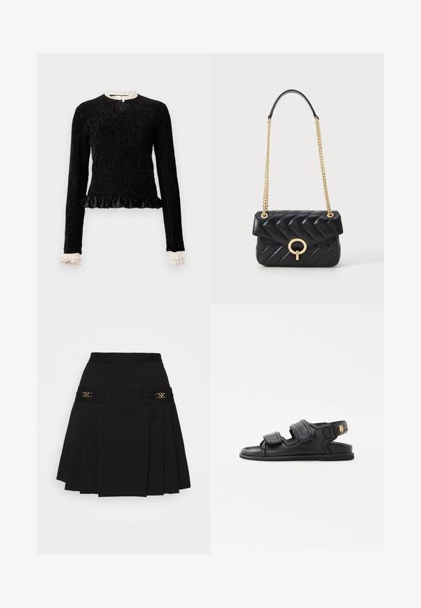 Black long-sleeve top with textured fabric, ruffled hem, and white ruffle accents at the collar and cuffs. Features a central looped closure.; Black pleated skirt with gold hardware accents. Features side pockets with logo detailing, made from smooth material. A-line silhouette.; sandro Sandals - noir; Black quilted leather handbag with a gold chain strap, featuring a rounded gold hardware clasp and a flap closure. Compact rectangular shape.