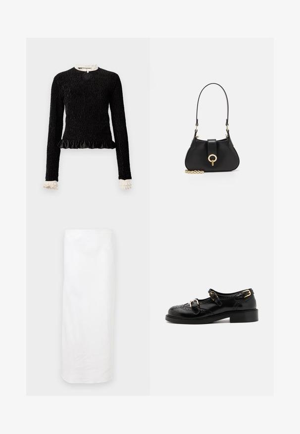 Black long-sleeve top with textured fabric, ruffled hem, and white ruffle accents at the collar and cuffs. Features a central looped closure.; White, knee-length skirt made from smooth fabric. Features a simple, straight design with an elastic waistband. No visible patterns or accents.; Black leather shoes with brogue detailing, featuring two buckle straps, a rounded toe, and a low heel. Smooth texture with shiny finish.; sandro JANET - Handbag - noir