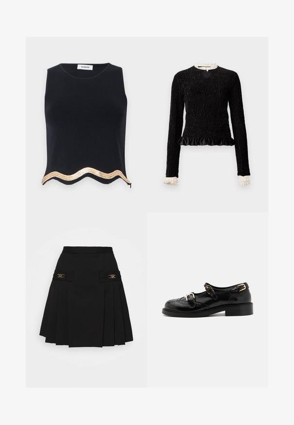 Melnas garām piedurknēm blūze ar teksturētu audumu, viļņotu apakšmalu un baltajiem viļņotajiem akcentiem apkaklē un piedurkņu galos. Iekļauj centrālo aplokšņu aizdari.; Melnas bezdelnu topiņas ar teksturētu apdari, kam ir viļņota apakšdaļa, kuru rotā zelta pārsliņas, un diskrēta sānu rāvējslēdzēja.; Melna plisuota svārki ar zelta apdari. Funkcijas sānu kabatas ar logotipa detaļām, izgatavoti no gludas materiāla. A-līnijas siluets.; Melnas ādas kurpes ar brogue detaļām, ar diviem sprādžu siksnām, noapaļotu purngalu un zemu papēdi. Gluda tekstūra ar spīdīgu apdari.