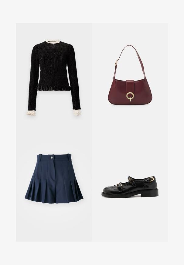 Sort langærmet top med struktureret stof, flæset kant og hvide flæsede detaljer ved kraven og manchetterne. Har en centralt loopet lukning.; Marineblå plisserede shorts med et taljebånd, der har en frontknap og skræddersyet design. Lavet af et glat stof, velegnet til afslappet brug.; Sorte lædersko med brogue-detaljer, der har to spænder, rund tå og lav hæl. Glat tekstur med blank finish.; Bordeaux læderhåndtaske med en kurvet form, et gyldent cirkulært hardware-accents og en enkelt skulderrem. Glat tekstur, minimalistisk design.