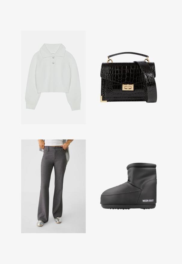 Maglione bianco cropped con texture a costine, ampio colletto e tre bottoni decorativi sul collo. Maniche lunghe con polsini a costine.; Pantaloni grigi a zampa d'elefante realizzati in tessuto testurizzato, con chiusura a due bottoni e passanti per la cintura, abbinati a sneakers argentate lucide.; Moon Boot ICON LOW NO - Stivali da neve - black; Borsa a tracolla nera in pelle verniciata con texture a coccodrillo, hardware dorato, manico superiore e una tracolla removibile. Forma rettangolare con chiusura a patta.