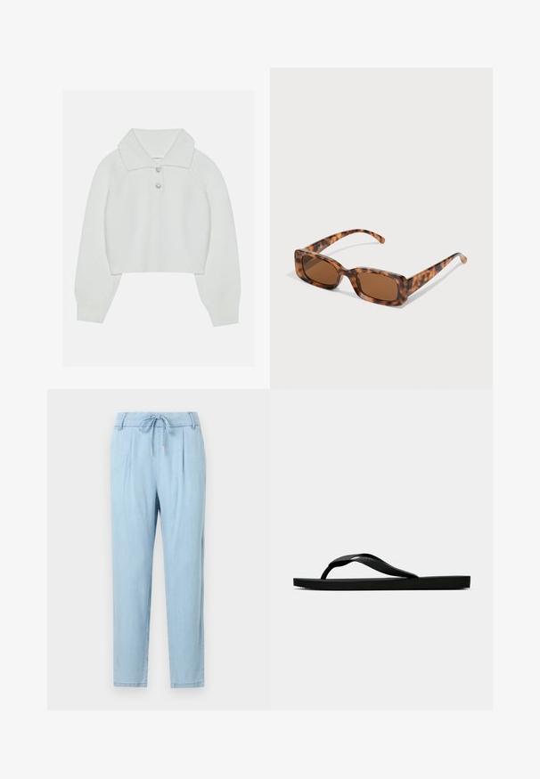 Vit kortärmad tröja med ribbad textur, stor krage och tre dekorativa knappar vid halsringningen. Långa ärmar med ribbade manschetter.; Ljusblå, linneblandade byxor med dragsko i midjan, smalnande ben och sidofickor. Slät textur; inga synliga mönster eller detaljer.; Svart gummislip-in sandal med ett texturerat rem och enkel platt sula, visas från sidan på en enkel ljus bakgrund.; Sköldpaddsmönstrade solglasögon med rektangulära bruna linser, en tjock ram och smala bågar som har ett mönster av varierande nyanser av brunt.; PULL&BEAR SHOPPER - Shoppingväska - grey