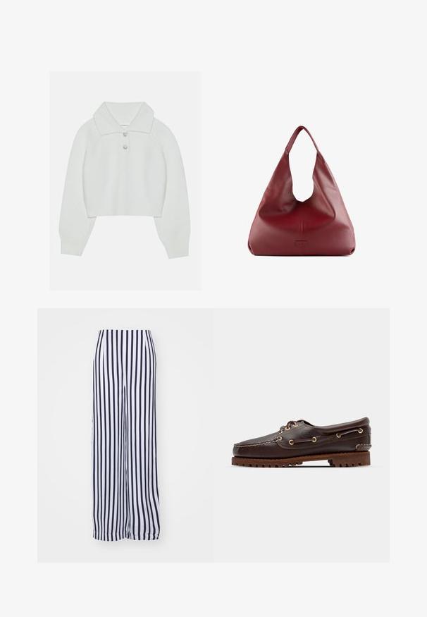 Valkoinen lyhennetty neulepaita, jossa on ribbiteksturointi, suuri kaulus ja kolme koristeellista nappia kaula-aukossa. Pitkät hihat ribbireunuksilla.; Valkoiset ja laivastonsiniset pystyraitaiset leveälahkeiset housut. Valmistettu kevyestä kankaasta, jossa on sileä rakenne ja joustava vyötärö.; Ruskeaharmaat nahkaiset venesandaalit kultaisilla silmärei'illä, pyöreällä nauhalla ja teksturoidulla ruskealla kumipohjalla. Sisältää kirjontayksityiskohtia ja kohotetun logon.; Punainen nahkainen hobo-laukku, jossa on leveä, löysä muotoilu ja suuri aukko. Laukussa on hienovarainen tekstuuri ja etupuolella on kohokuvioitu logo.