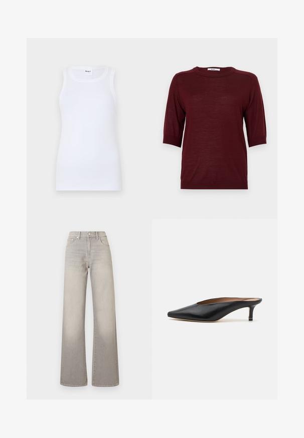 Bordeauxkleurige short-sleeve trui met een ronde hals, gemaakt van een lichtgewicht stof, met geribbelde accenten bij de mouwen en de zoom.; Witte mouwloze tanktop van ribbelkatoen. Heeft een ronde halslijn en een aansluitende pasvorm. Geen zichtbare patronen of accenten.; Grijze wijde jeans met een vervaagde afwerking, knoopsluiting, vijfzakkenontwerp en gestikte details langs de naden.; Zwarte leren muiltjes met een puntige neus en een lage, blokhak. Glad oppervlak met een gestroomlijnd ontwerp. Open achterkant met minimale details.