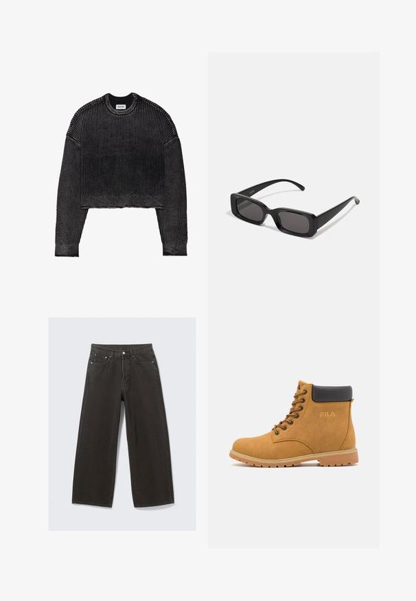 YOURTURN Džemper - dark grey; Laiad mustad teksad omavad kõrge vöökoha, viit taskut ja nööbiga sulgemist. Kangas on pehme ja tekstuuriga viimistlusega.; Kohvade seemisnahast pahkluu saapad musta polsterdatud krae, metallist silmade ja tekstuuriga kummitaldega. Küljel on embosseeritud logo.; Mustad mustanäolised prillid tumedate läätsedega, läikiv viimistlus, laiad sangad ja massiivne raami disain. Ühe sanga peal on graveeritud brändi nimi.