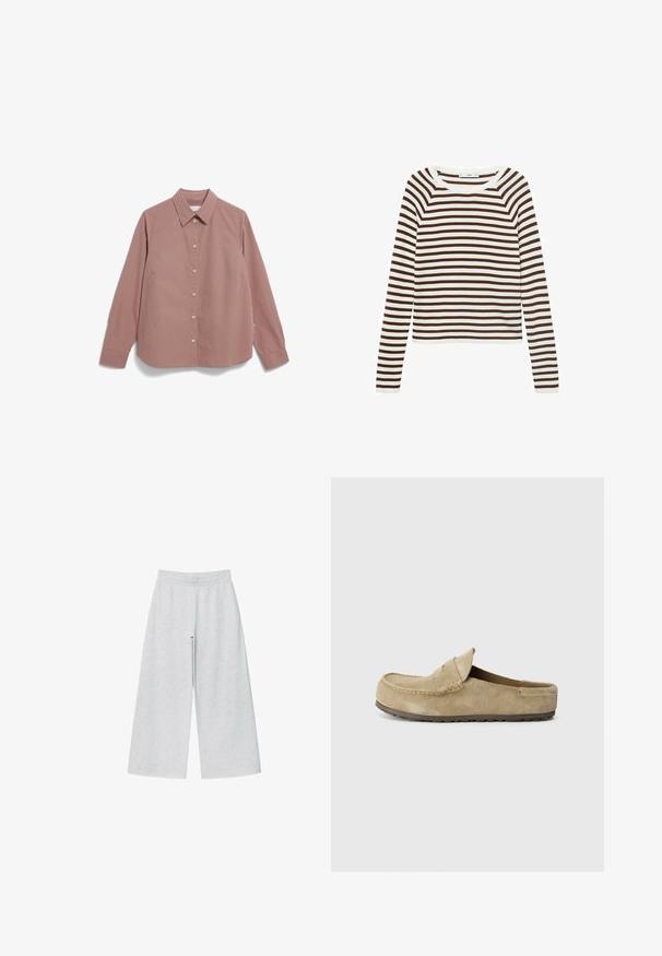 T-shirt met lange mouwen met horizontale strepen in bruin en wit, gemaakt van zachte stof met een ronde hals en een aansluitend ontwerp.; Gestreepte button-up shirt in roest en crème, met een klassieke kraag, lange mouwen en een losse pasvorm met een rechte zoom.; Lichtgrijze wijde broek van zacht materiaal met een elastische tailleband. Het ontwerp heeft een losse pasvorm voor comfort en bewegingsvrijheid.; Birkenstock NAPLES WRAPPED LEVE TAUPEN - REGULAR - Muiltjes - taupe