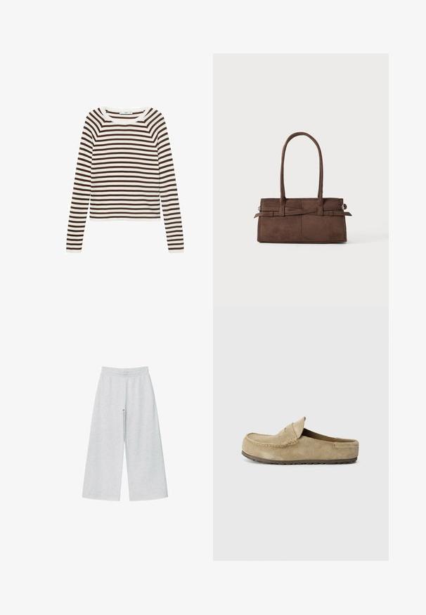 Långärmad topp med horisontella ränder i brun och vit, tillverkad av mjukt tyg med rund hals och figurnära design.; Ljusgrå vida byxor i mjukt tyg med elastisk midja. Designen har en lös passform för komfort och rörelsefrihet.; Birkenstock NAPLES WRAPPED LEVE TAUPEN - REGULAR - Platt slip-in - taupe; Brun mockaskinnväska med två robusta handtag, rektangulär form och dekorativ remdetalj över framsidan.